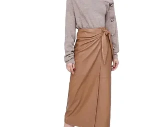 Alloaone Women Winter European Real Soft Lambskin Long Jupe Cute Bunny Ear Lace Split Chic Leather Wrap Skirt Brown L steampunk buy now online