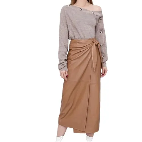 Alloaone Women Winter European Real Soft Lambskin Long Jupe Cute Bunny Ear Lace Split Chic Leather Wrap Skirt Brown L steampunk buy now online