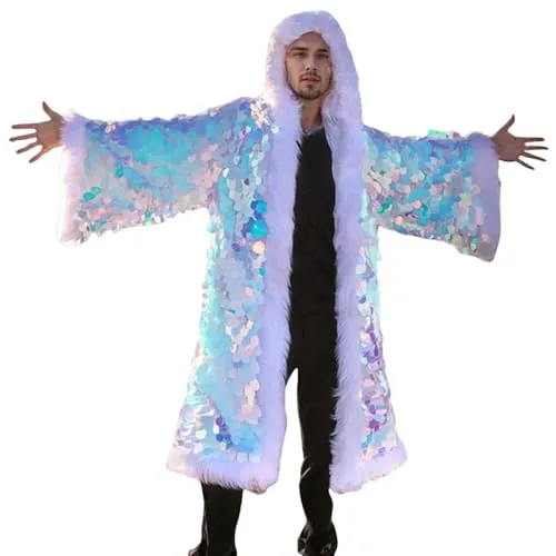 Gefomuofe Men's LED Sequin Coat Metallic Sequin Jacket 70s Baseball Bomber Jacket Disco Night Club Party Costume, White, S steampunk buy now online