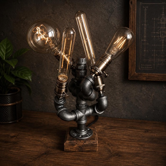 Handmade Steampunk Pipe Lamp – Industrial Rustic Table Light – Vintage Edison Desk Lamp – Unique Steam Punk Home Decor by SteamPunkedDecor steampunk buy now online